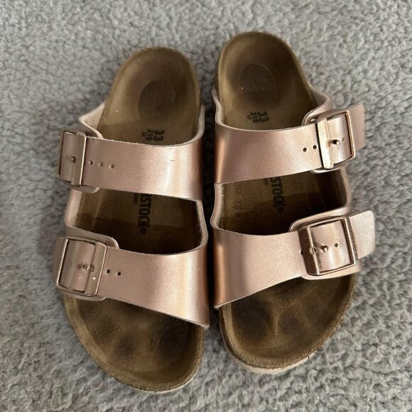 Birkenstock Sandals Girls Size EU 33 Rose Gold Arizona Double Strap Cork Footbed - Picture 2 of 6